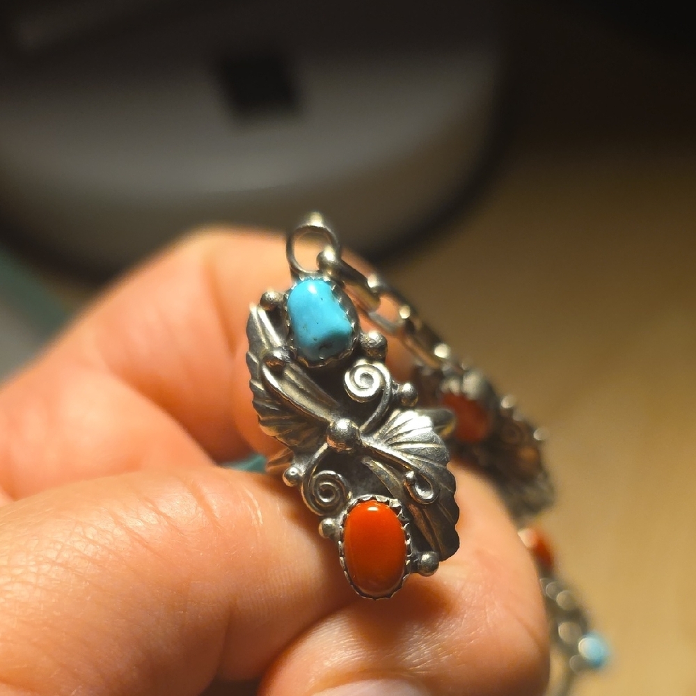 Sterling-Style Hand Chain Bracelet with Turquoise Blue and Coral Red Stones - Picture 6 of 9